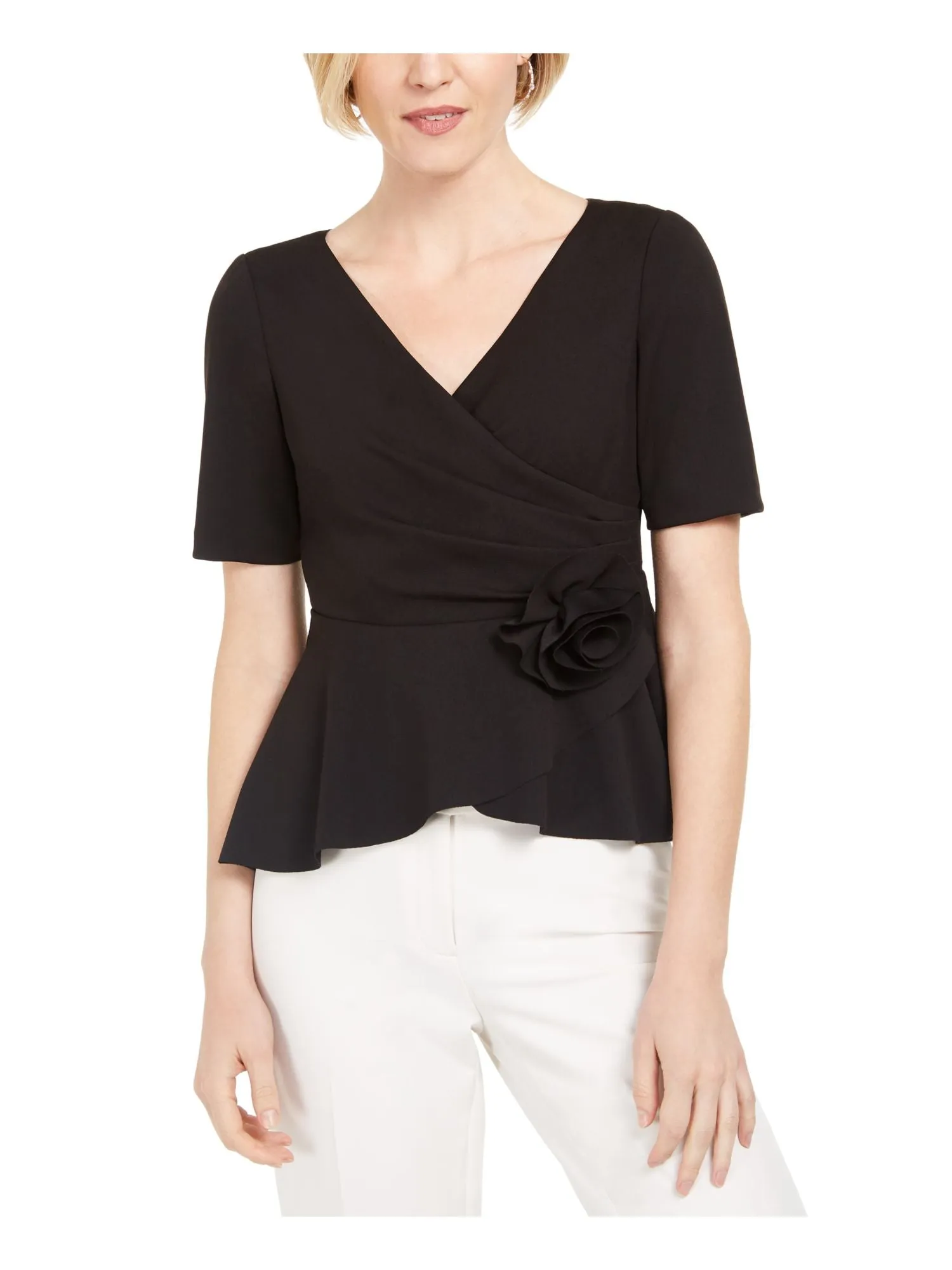 ADRIANNA PAPELL Womens Black Ruffled Short Sleeve V Neck Top