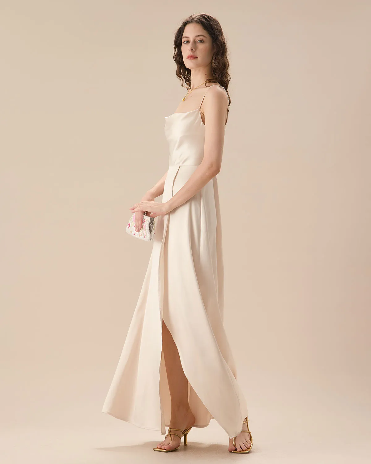 Apricot Satin Cowl Neck Slip Maxi Dress