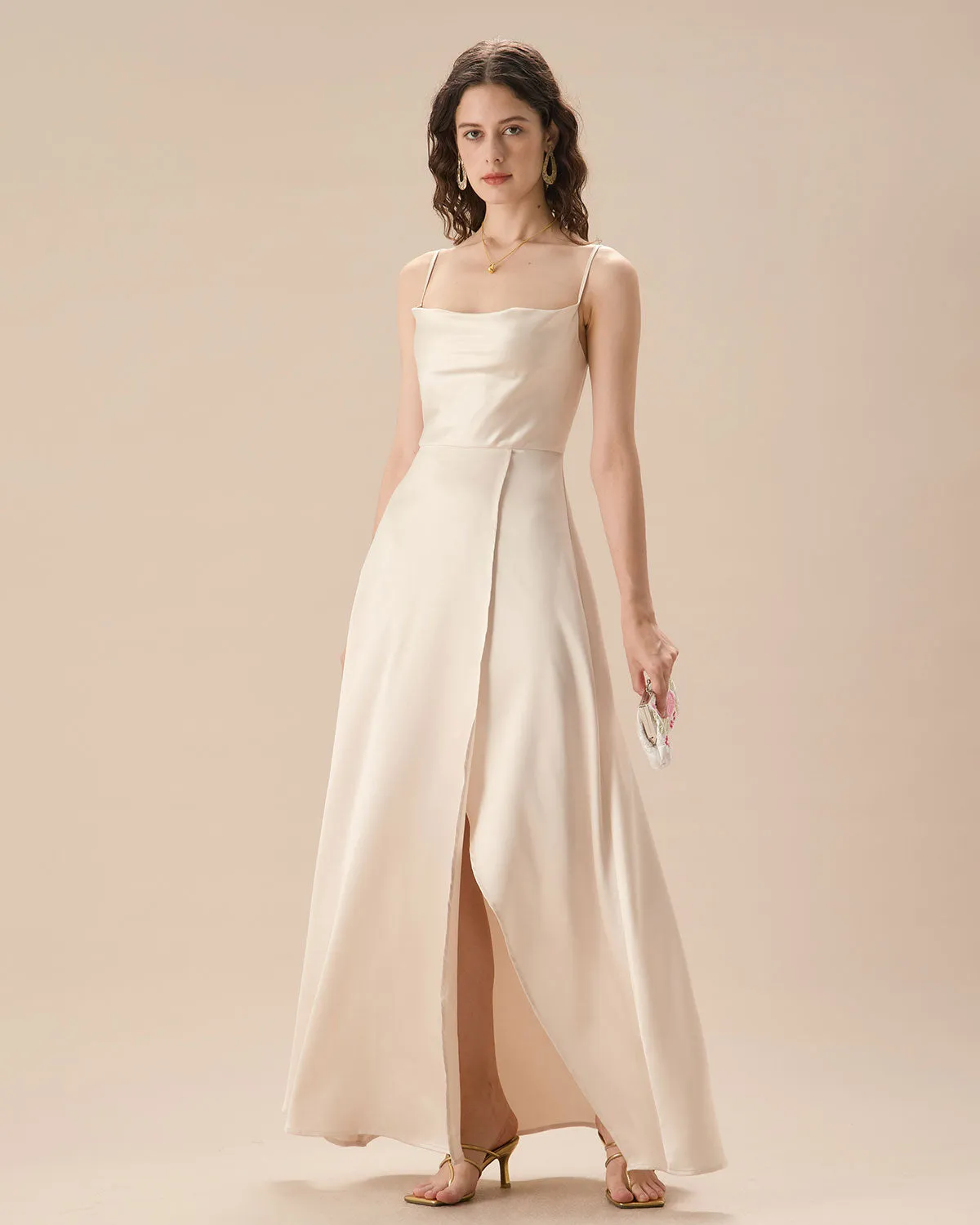 Apricot Satin Cowl Neck Slip Maxi Dress