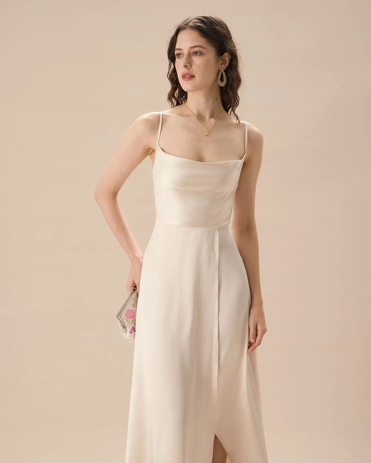 Apricot Satin Cowl Neck Slip Maxi Dress