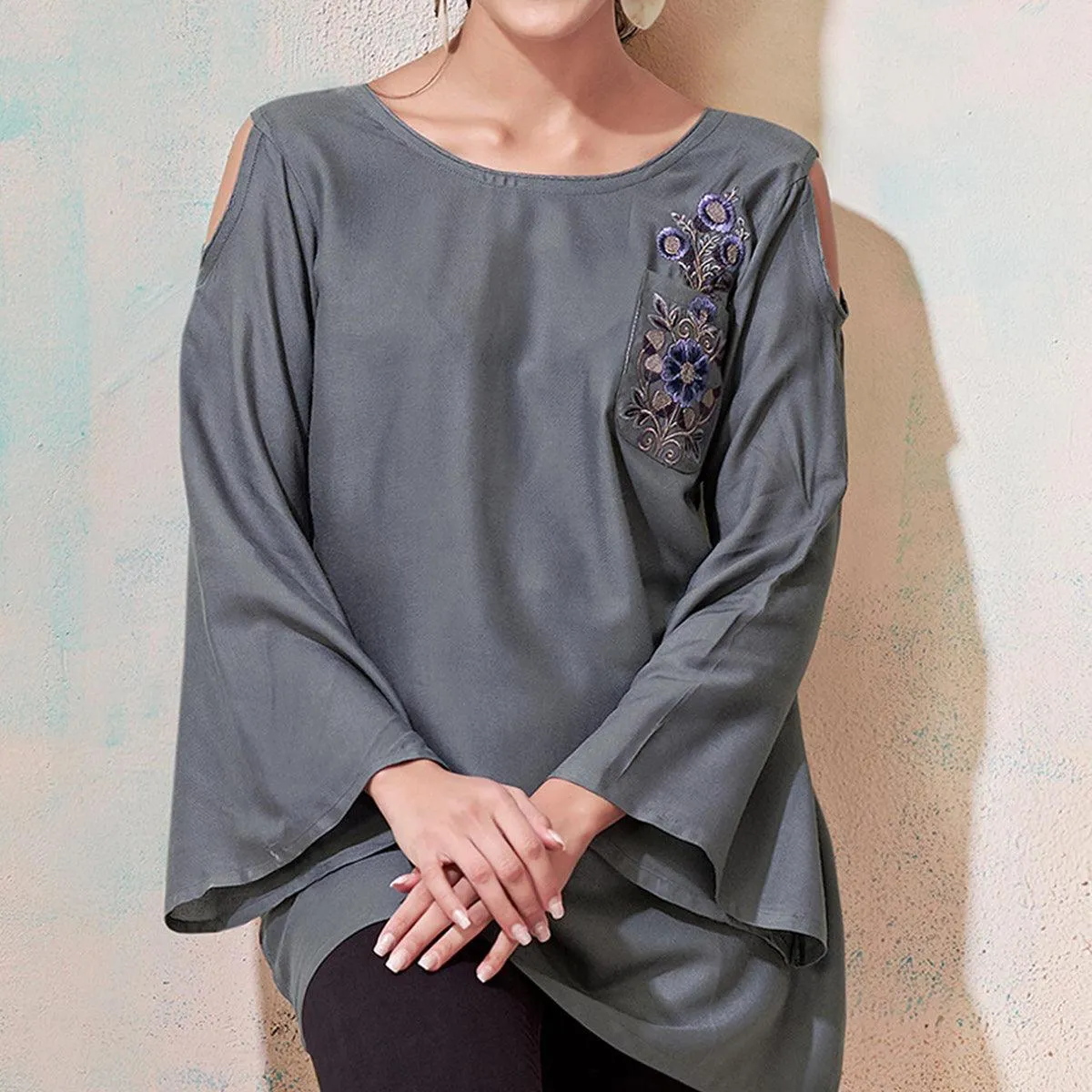 Attractive Gray Colored Partywear Embroidered Rayon Western Top