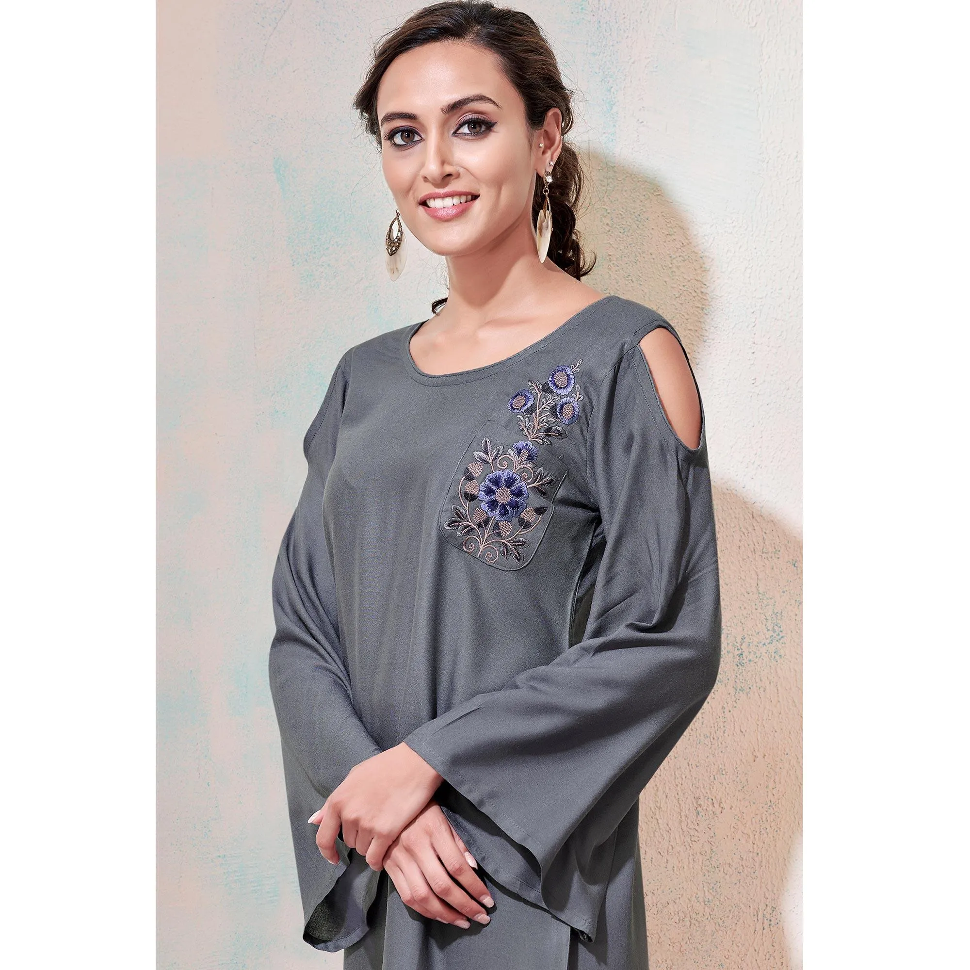 Attractive Gray Colored Partywear Embroidered Rayon Western Top