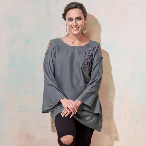 Attractive Gray Colored Partywear Embroidered Rayon Western Top