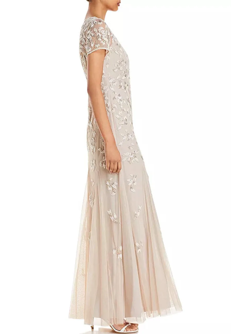 Beige V-Neck Beaded Godet Gown