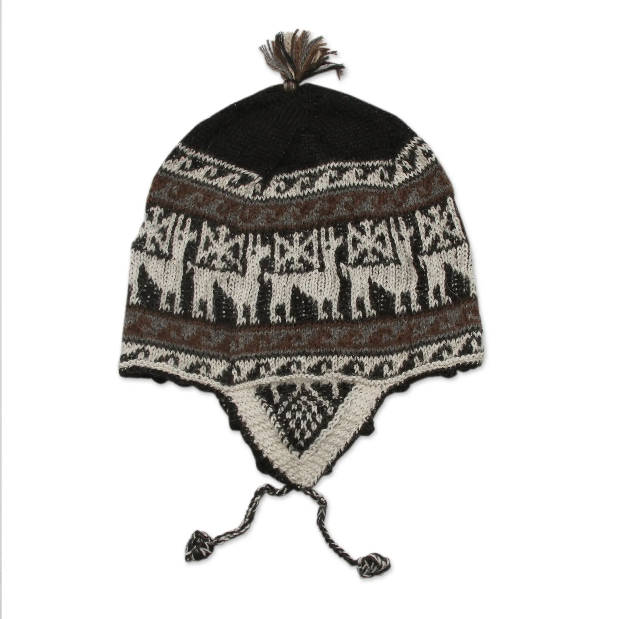 Black and White Alpaca Blend Chullo Hat - Llama Silhouette | NOVICA