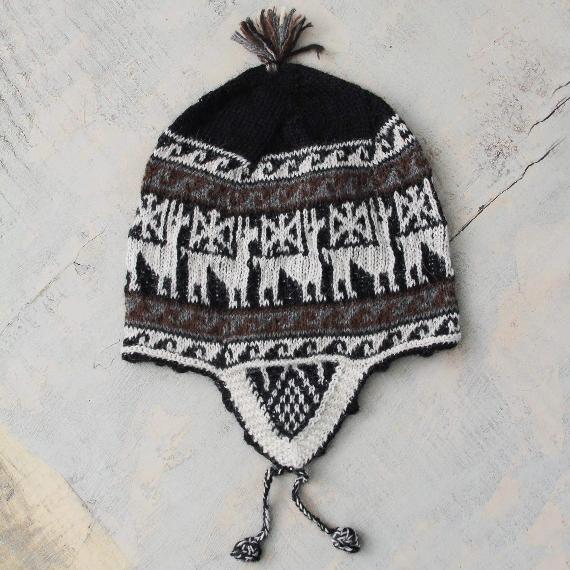 Black and White Alpaca Blend Chullo Hat - Llama Silhouette | NOVICA