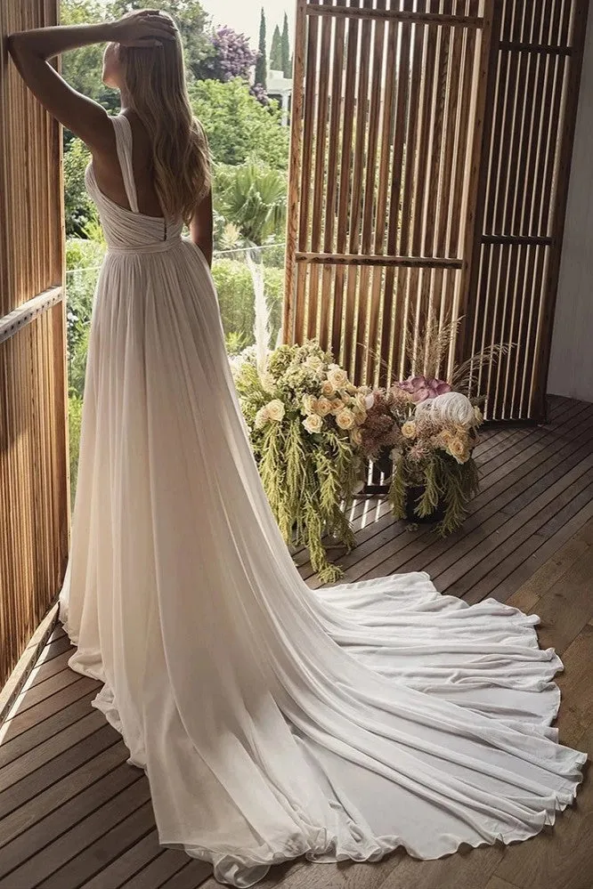 Bohemian A-Line Long Chiffon Sweetheart Wedding Dresses