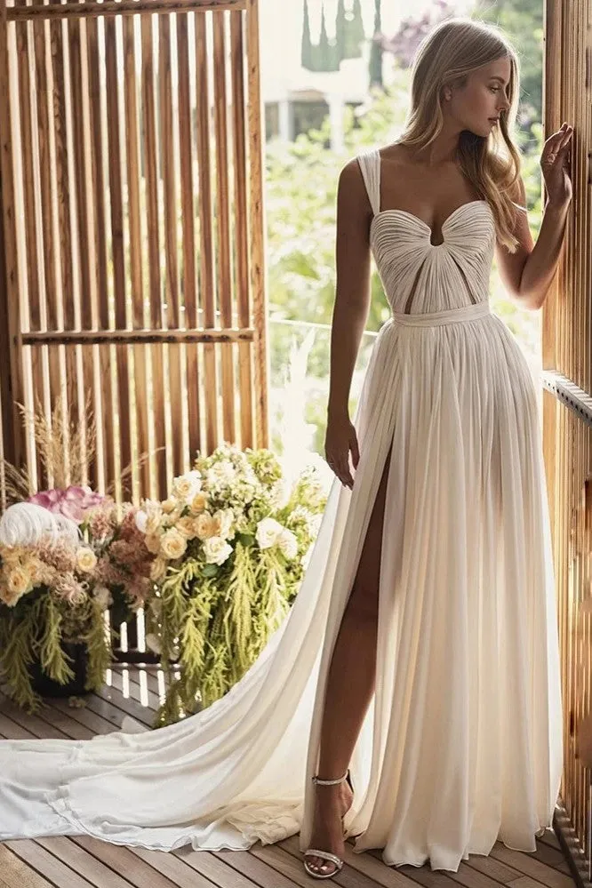 Bohemian A-Line Long Chiffon Sweetheart Wedding Dresses