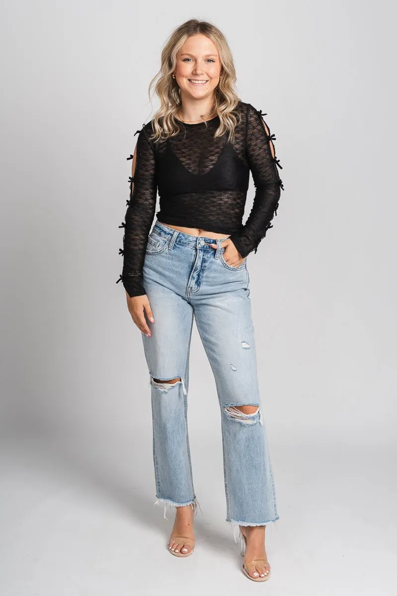 Bow trim lace top black