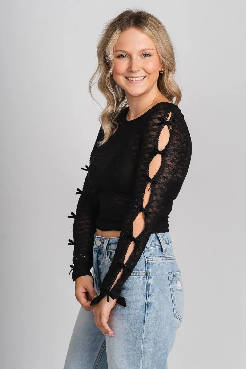 Bow trim lace top black