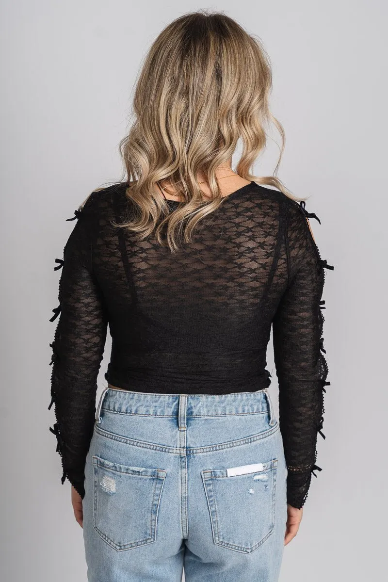 Bow trim lace top black