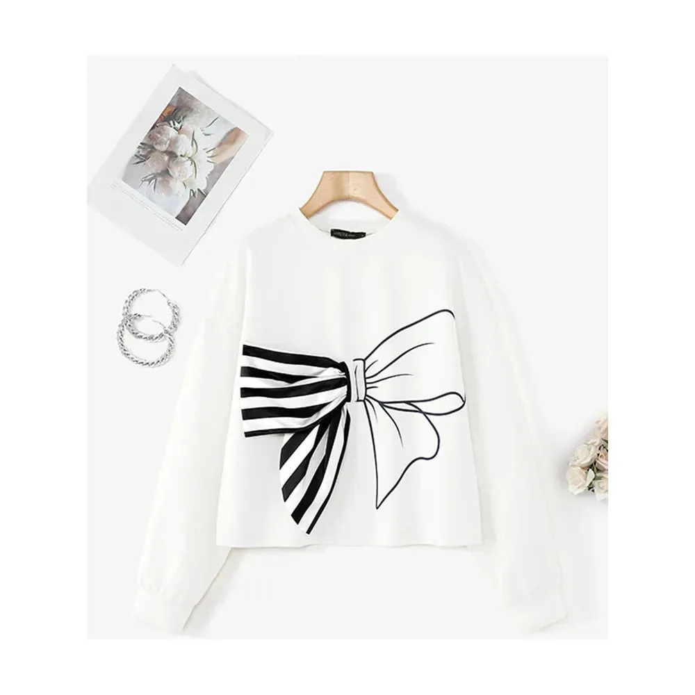 Casual Long Sleeve Printed Women's Tops 3D Bowtie T-shirts