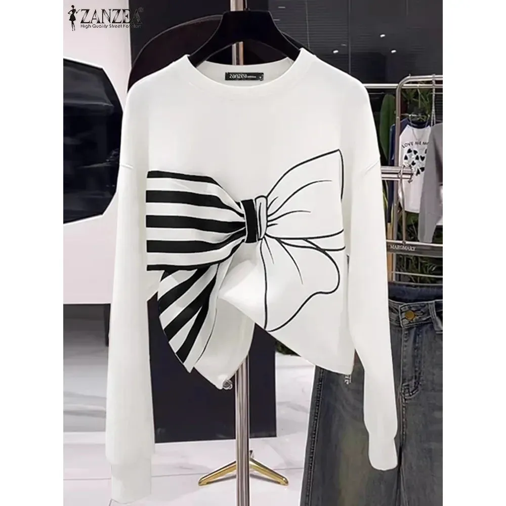 Casual Long Sleeve Printed Women's Tops 3D Bowtie T-shirts