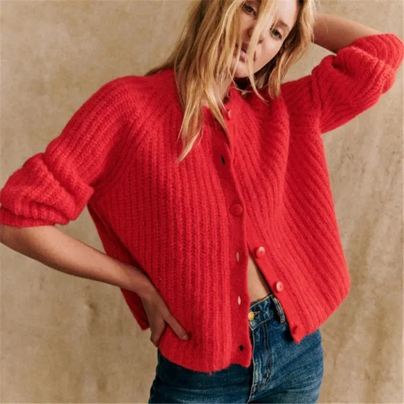 ChicMy Women Chunky Knit Cardigan Y2k Long Latern Sleeve Crew Neck Button Up Open Front Cable Knitted Crop Sweater Jackets