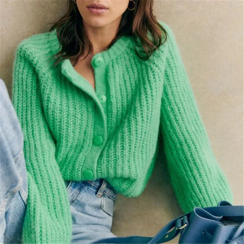 ChicMy Women Chunky Knit Cardigan Y2k Long Latern Sleeve Crew Neck Button Up Open Front Cable Knitted Crop Sweater Jackets