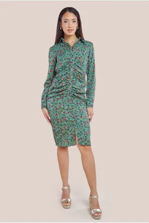 City Goddess Floral Print Shirt Dress - Sage Green