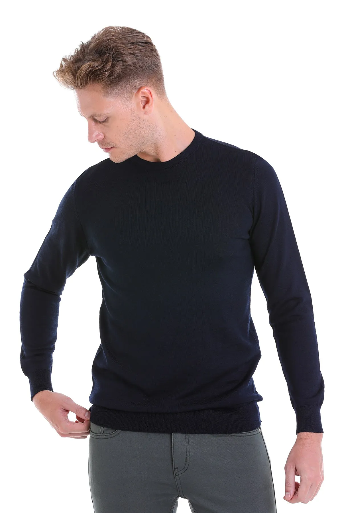 Comfort Fit Navy Wool Blend Crew Neck Sweater