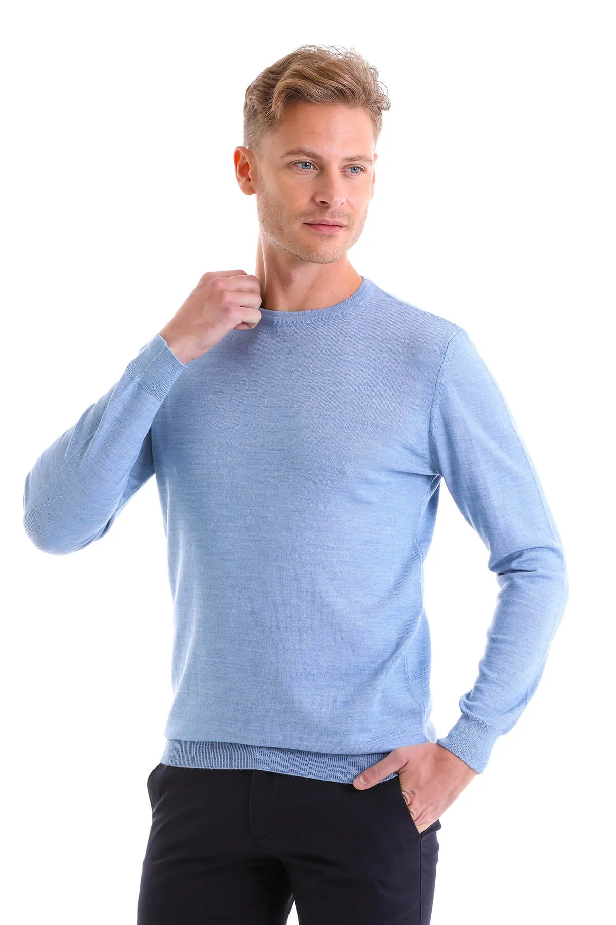 Comfort Fit Wool Blend Blue Crewneck Sweater