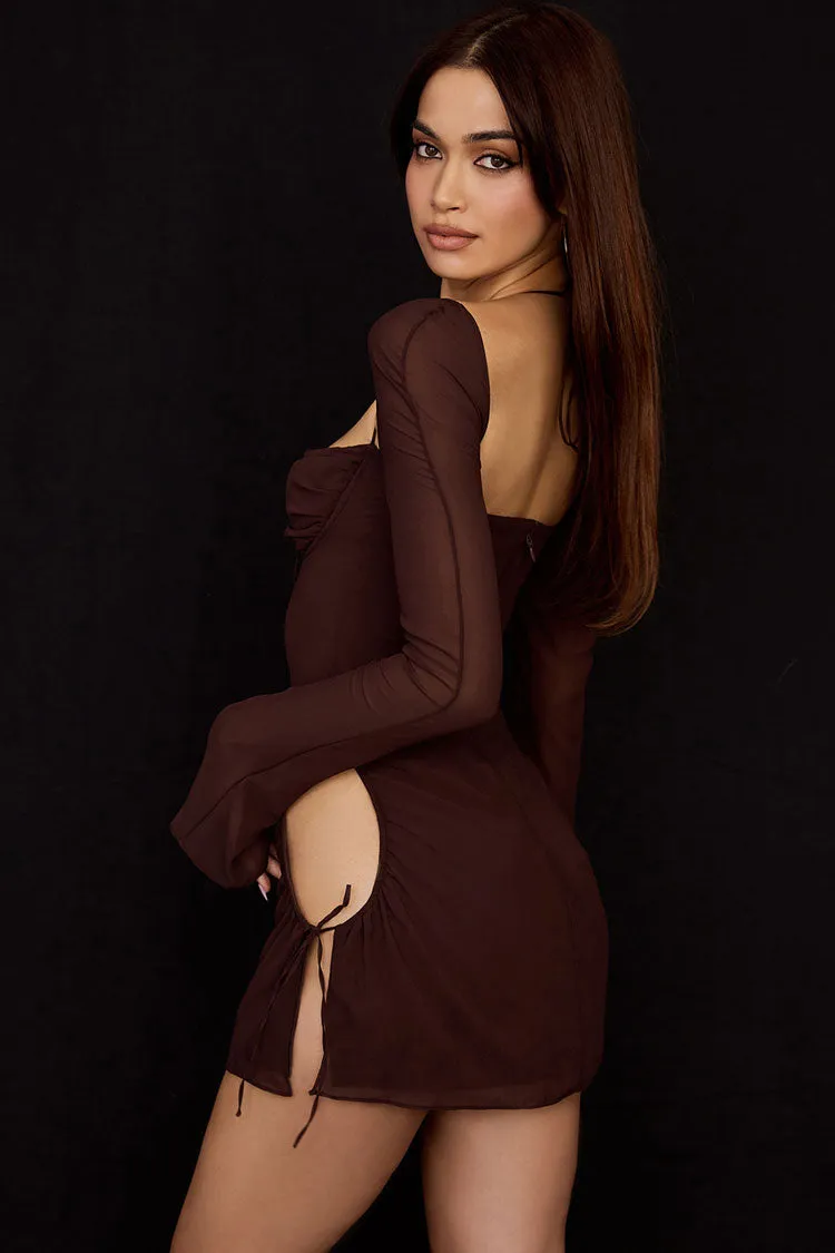 Darling Halter Neck Long Sleeve Cutout Club Mini Dress - Chocolate