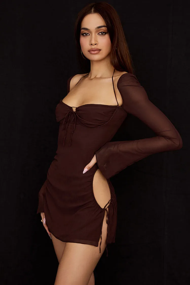 Darling Halter Neck Long Sleeve Cutout Club Mini Dress - Chocolate