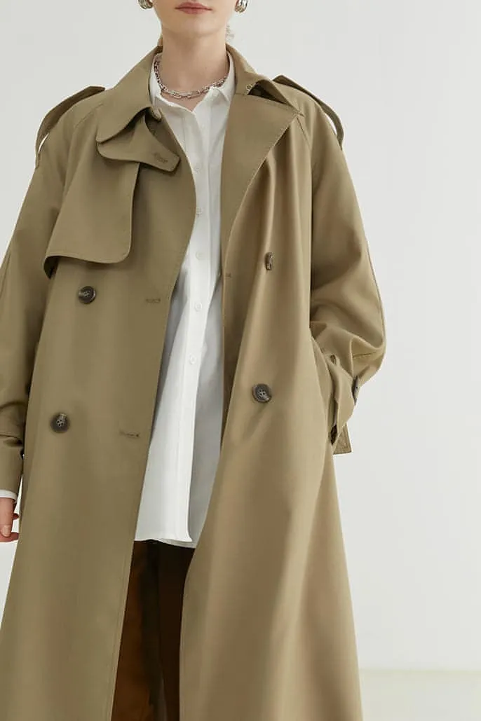 Double-Breasted Loose Mid-Length Melton Trench Coat