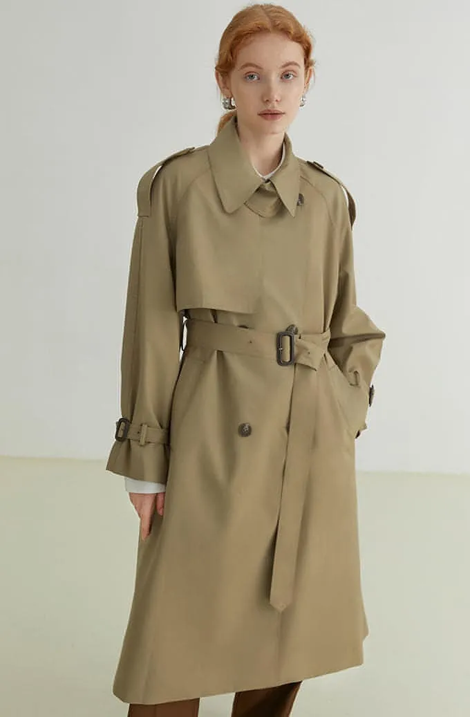 Double-Breasted Loose Mid-Length Melton Trench Coat