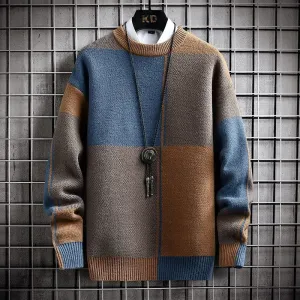 Dusk Sweater - Elevate Your Style: Colour-Blocked Crewneck Warm Sweater - Long Sleeve Loose Knit Pullover