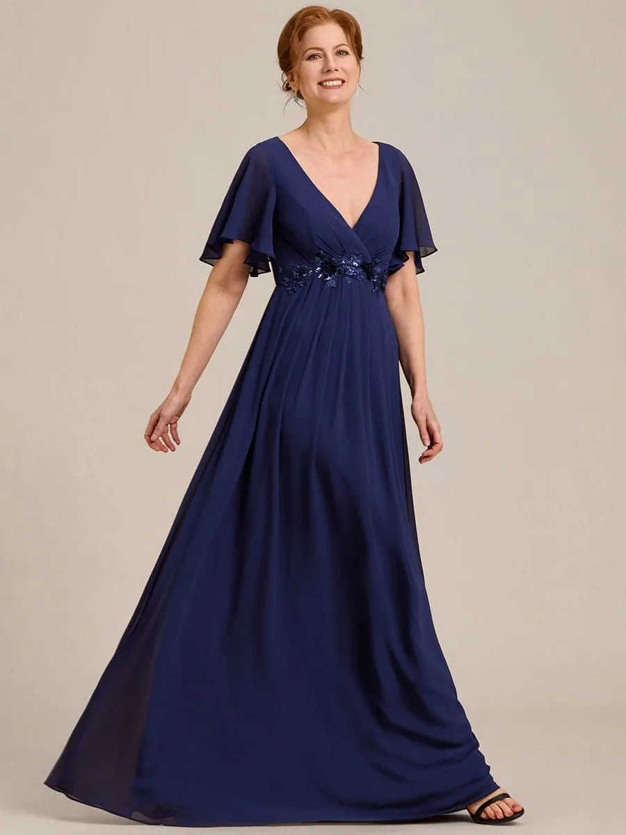 Elegant Chiffon Applique Mother of the Bride Dress with Flutter Sleeves