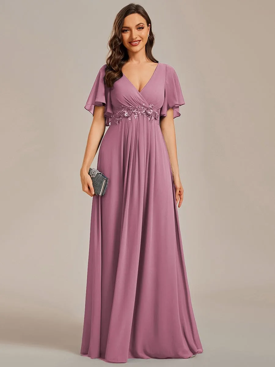 Elegant Chiffon Applique Mother of the Bride Dress with Flutter Sleeves