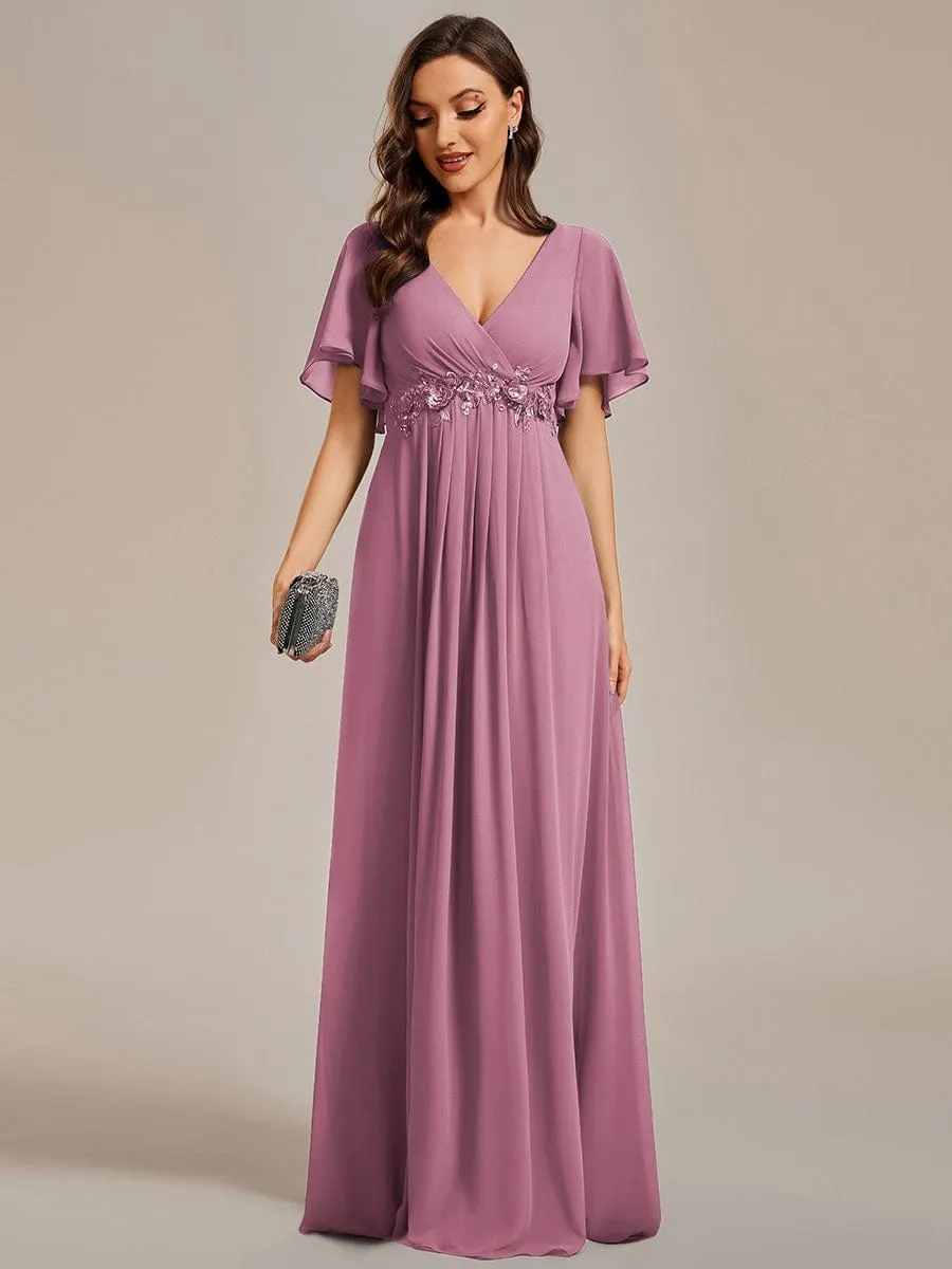 Elegant Chiffon Applique Mother of the Bride Dress with Flutter Sleeves