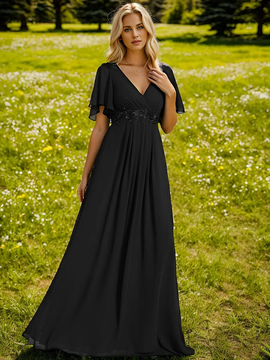 Elegant Chiffon Applique Mother of the Bride Dress with Flutter Sleeves