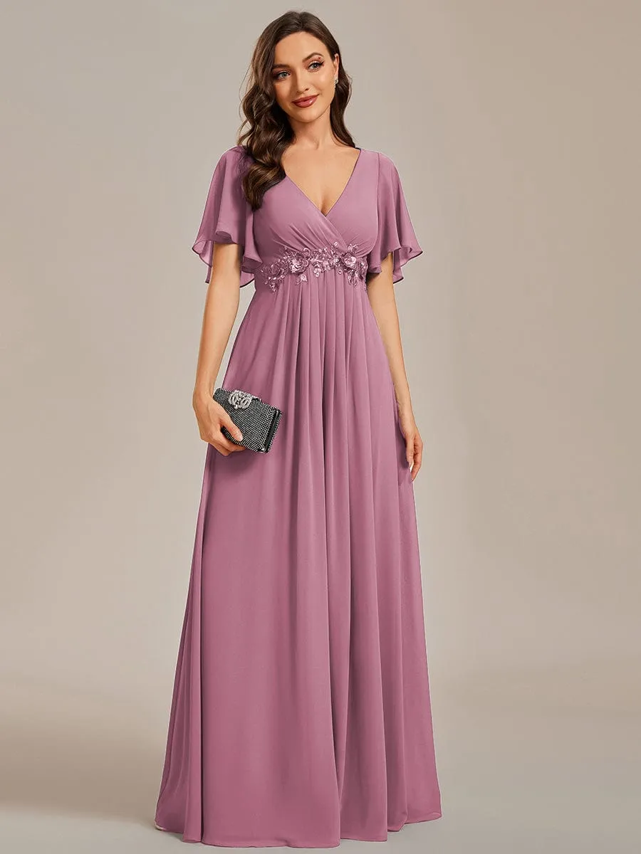 Elegant Chiffon Applique Mother of the Bride Dress with Flutter Sleeves