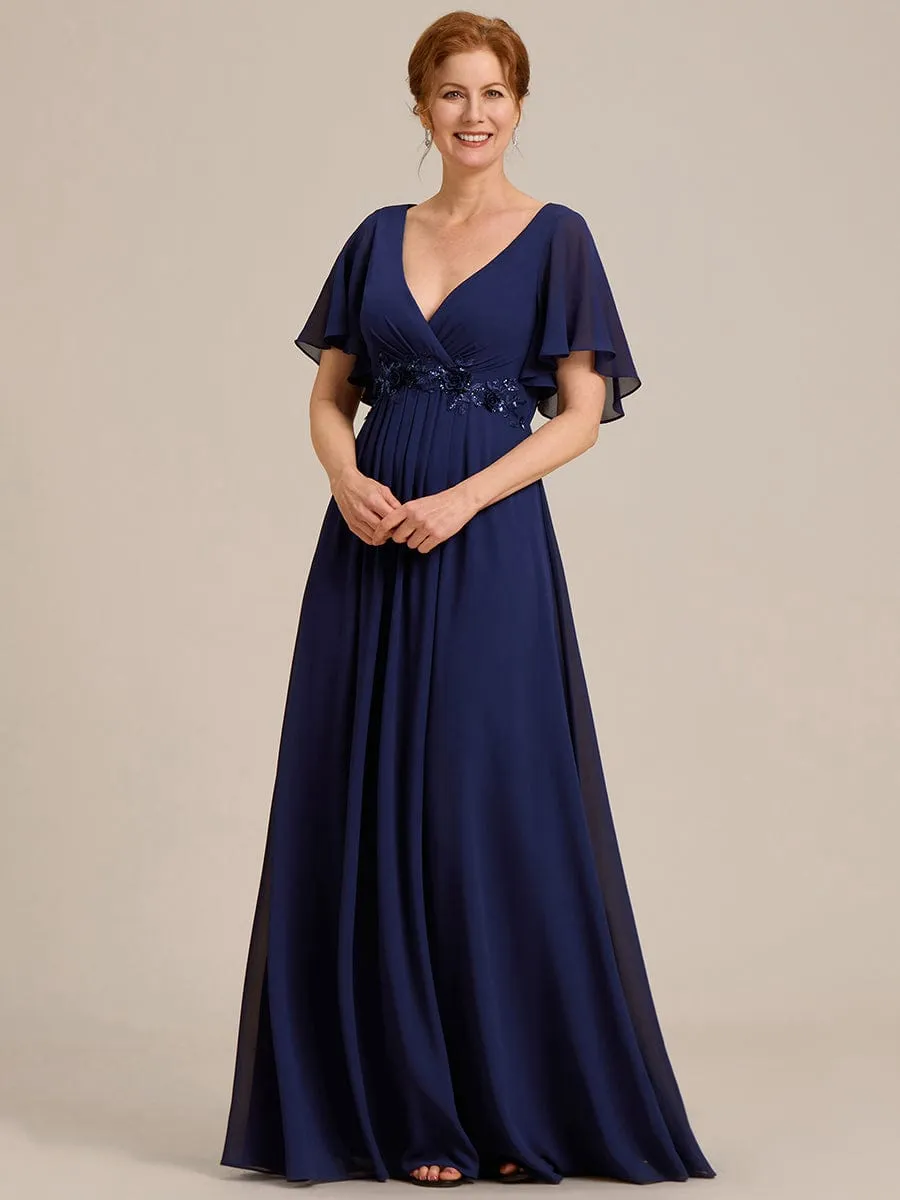 Elegant Chiffon Applique Mother of the Bride Dress with Flutter Sleeves