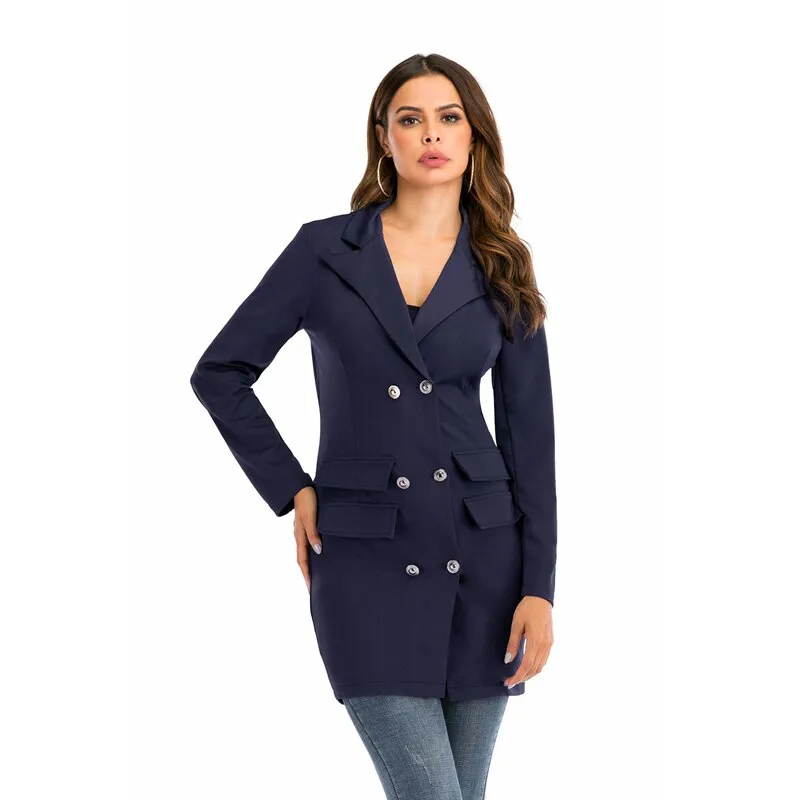 Fashionkova  Women Double Breasted Trench Coats Navy Blue Lapel Long Sleeves Button Solid Tops Black Plus Office Lady Outwear Trench