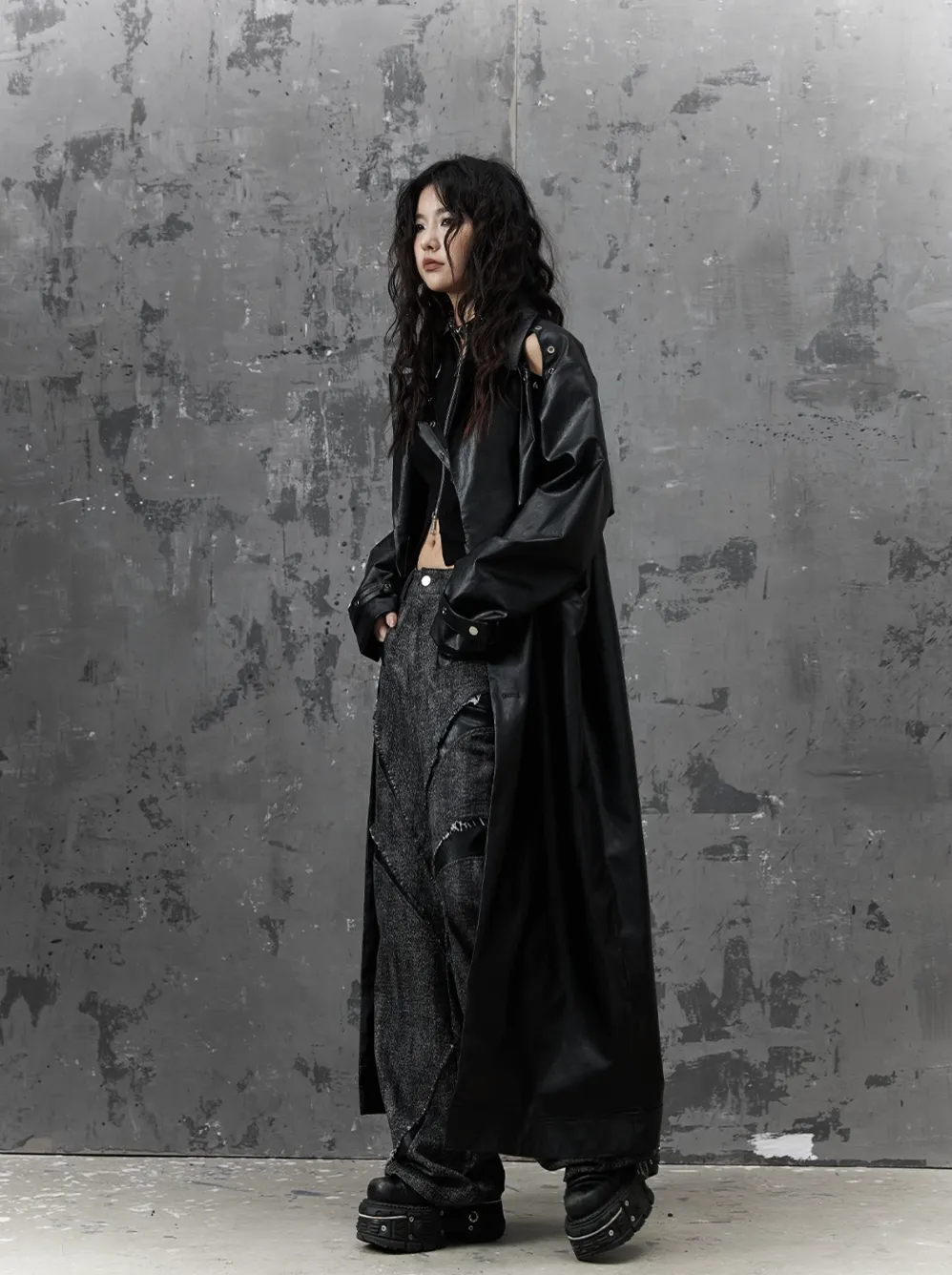 Frustration Garden Gothic Punk Maxi Coat - Black Faux Leather Trench With Oversized Collar And Asymmetrical Zip