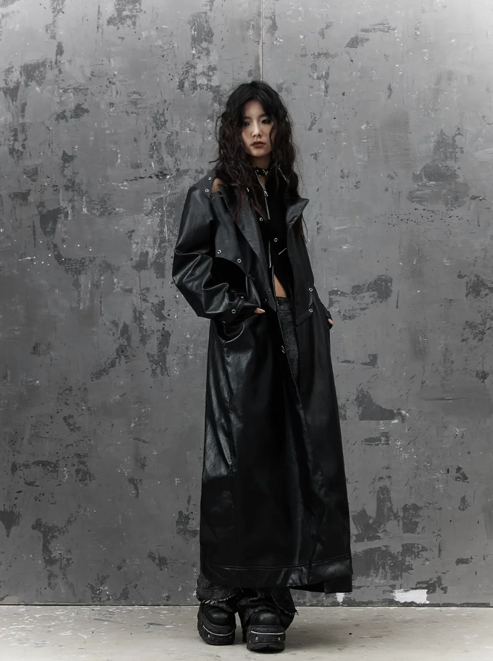 Frustration Garden Gothic Punk Maxi Coat - Black Faux Leather Trench With Oversized Collar And Asymmetrical Zip