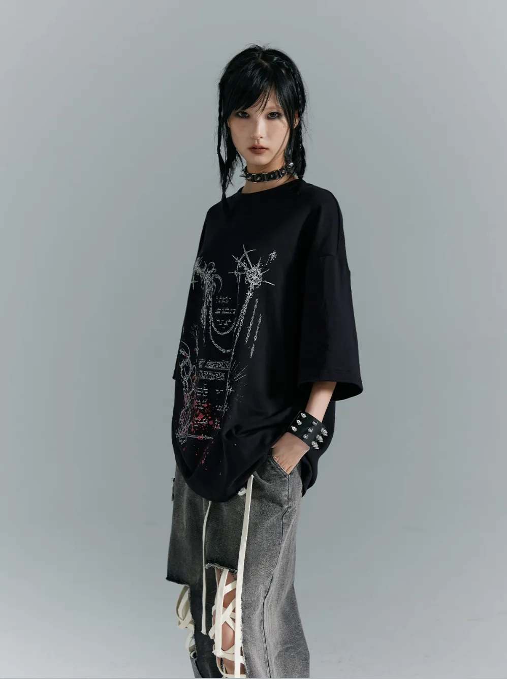 Frustration Garden Gothic Punk Oversized T-Shirt - Black With Abstract Grunge Print And Red Splatter