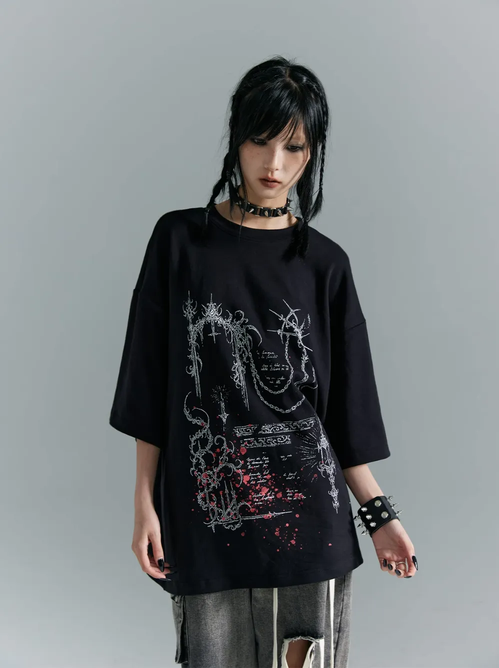 Frustration Garden Gothic Punk Oversized T-Shirt - Black With Abstract Grunge Print And Red Splatter