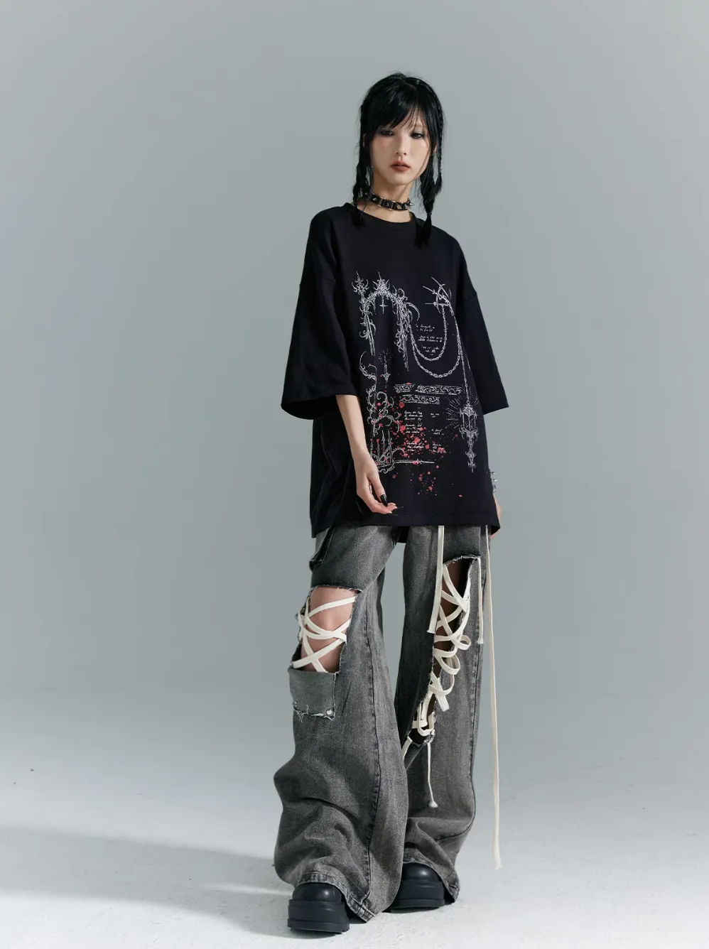 Frustration Garden Gothic Punk Oversized T-Shirt - Black With Abstract Grunge Print And Red Splatter