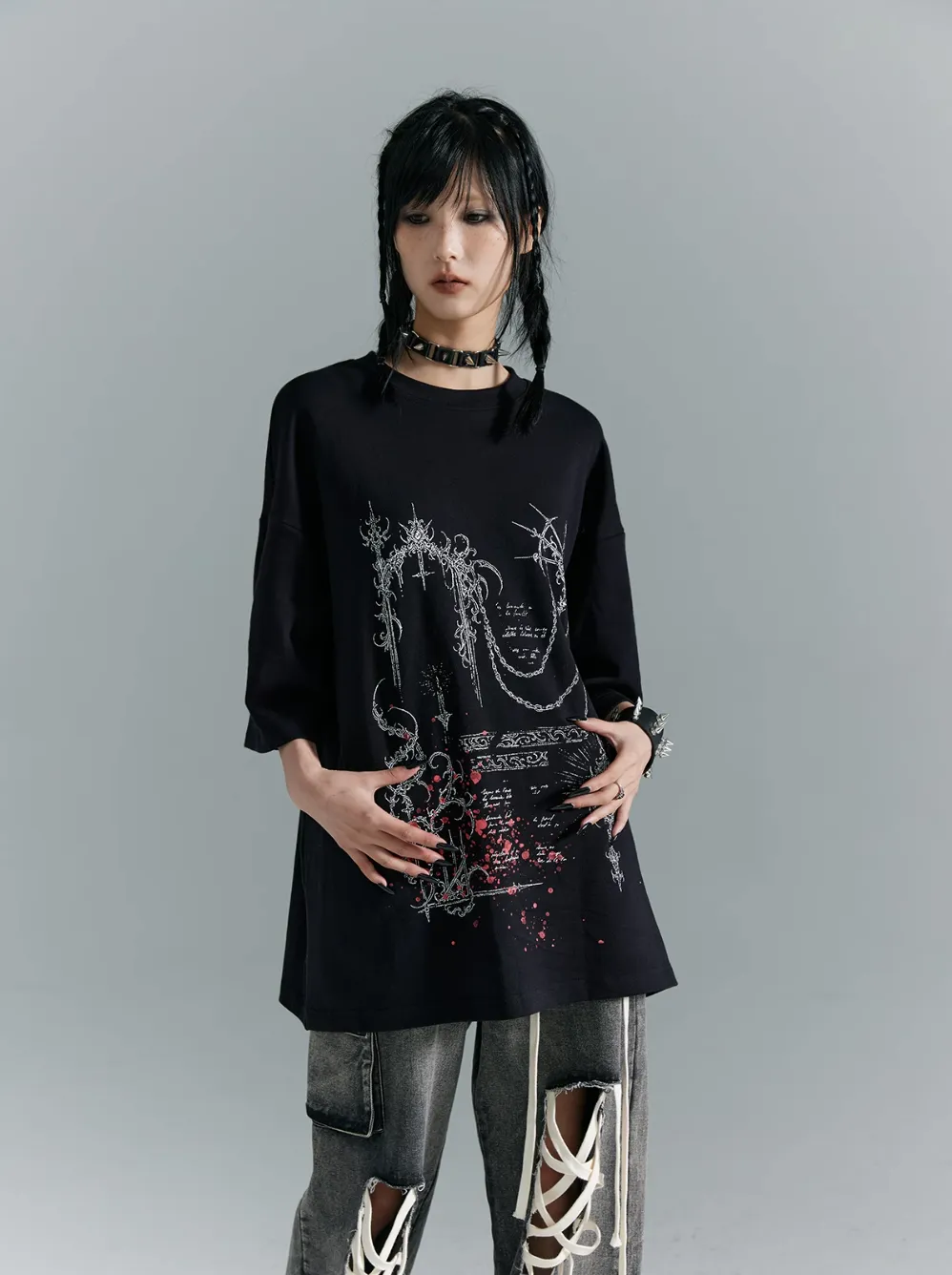 Frustration Garden Gothic Punk Oversized T-Shirt - Black With Abstract Grunge Print And Red Splatter