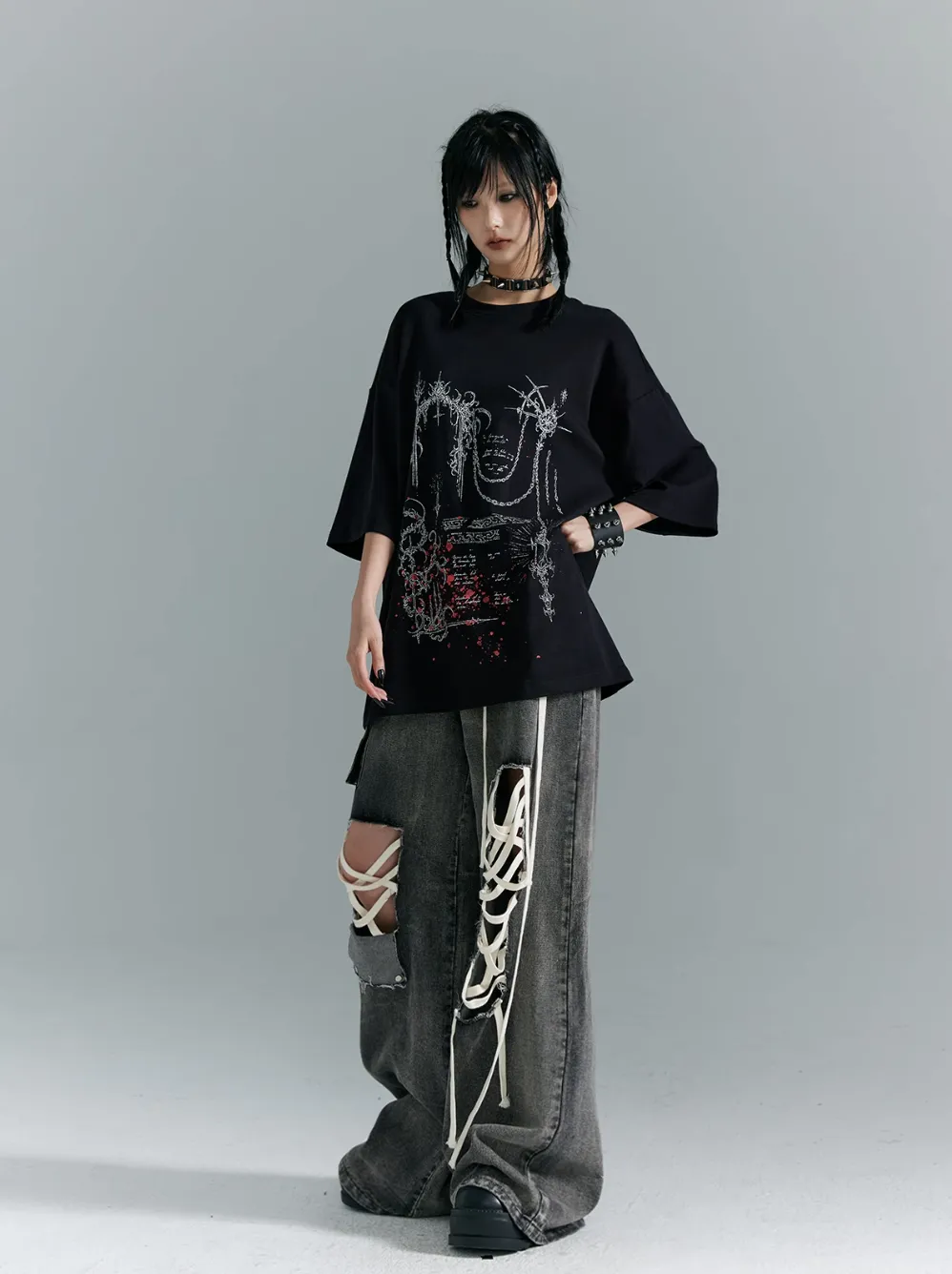 Frustration Garden Gothic Punk Oversized T-Shirt - Black With Abstract Grunge Print And Red Splatter