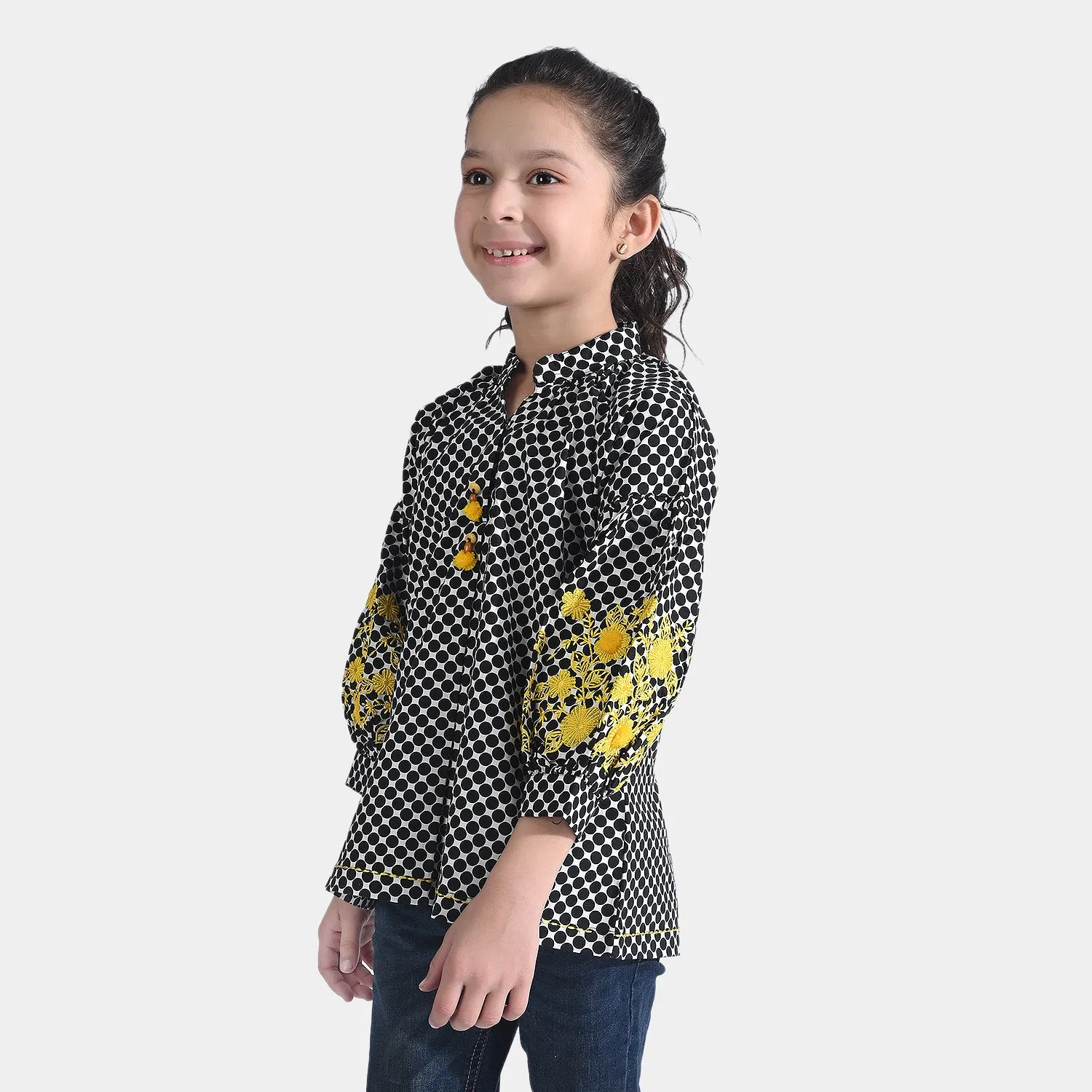 Girls Cotton EMB Top Yellow Effect-BLACK