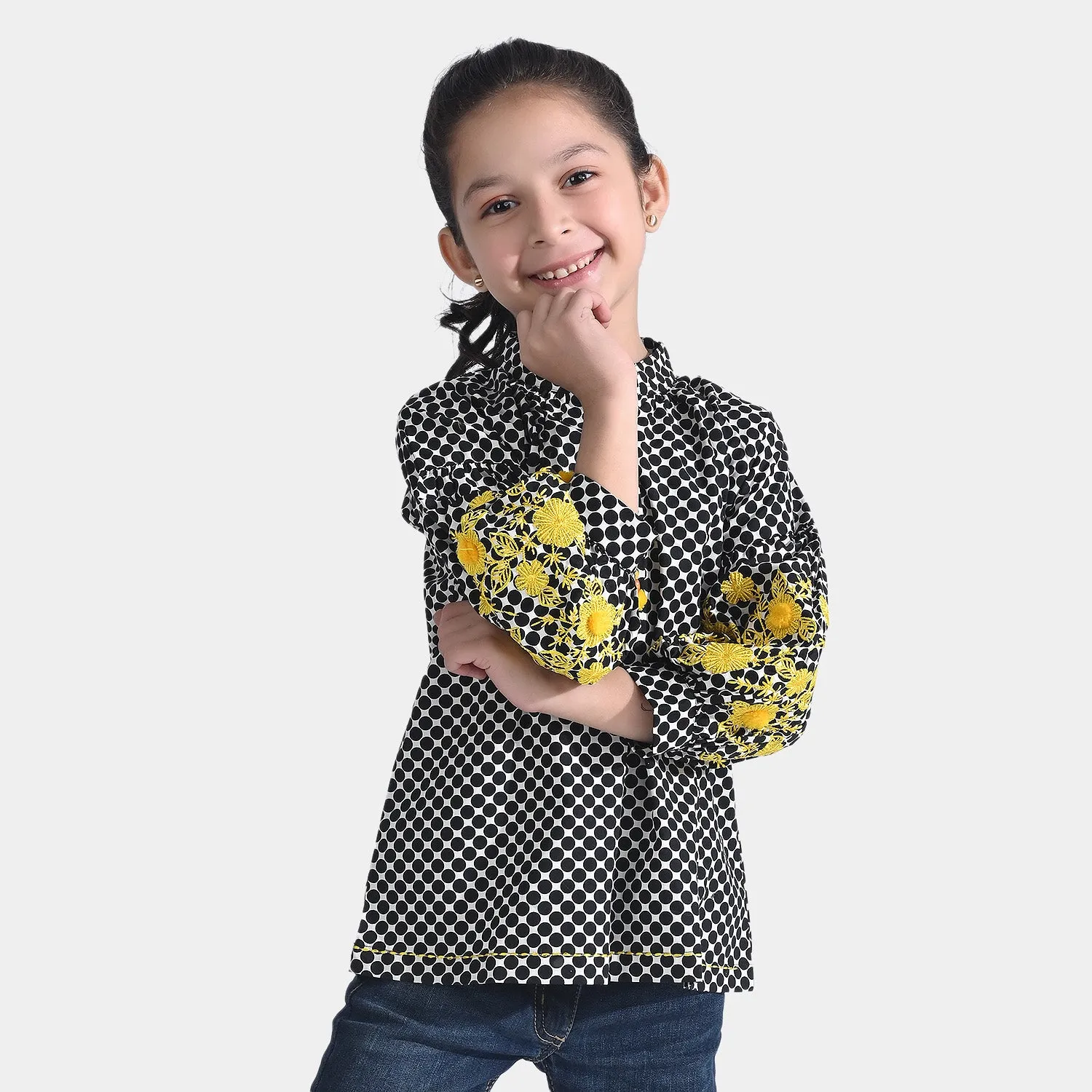 Girls Cotton EMB Top Yellow Effect-BLACK