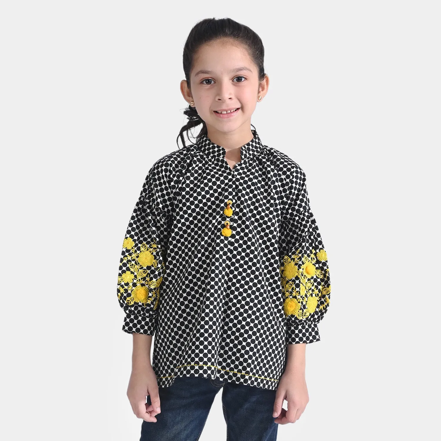 Girls Cotton EMB Top Yellow Effect-BLACK