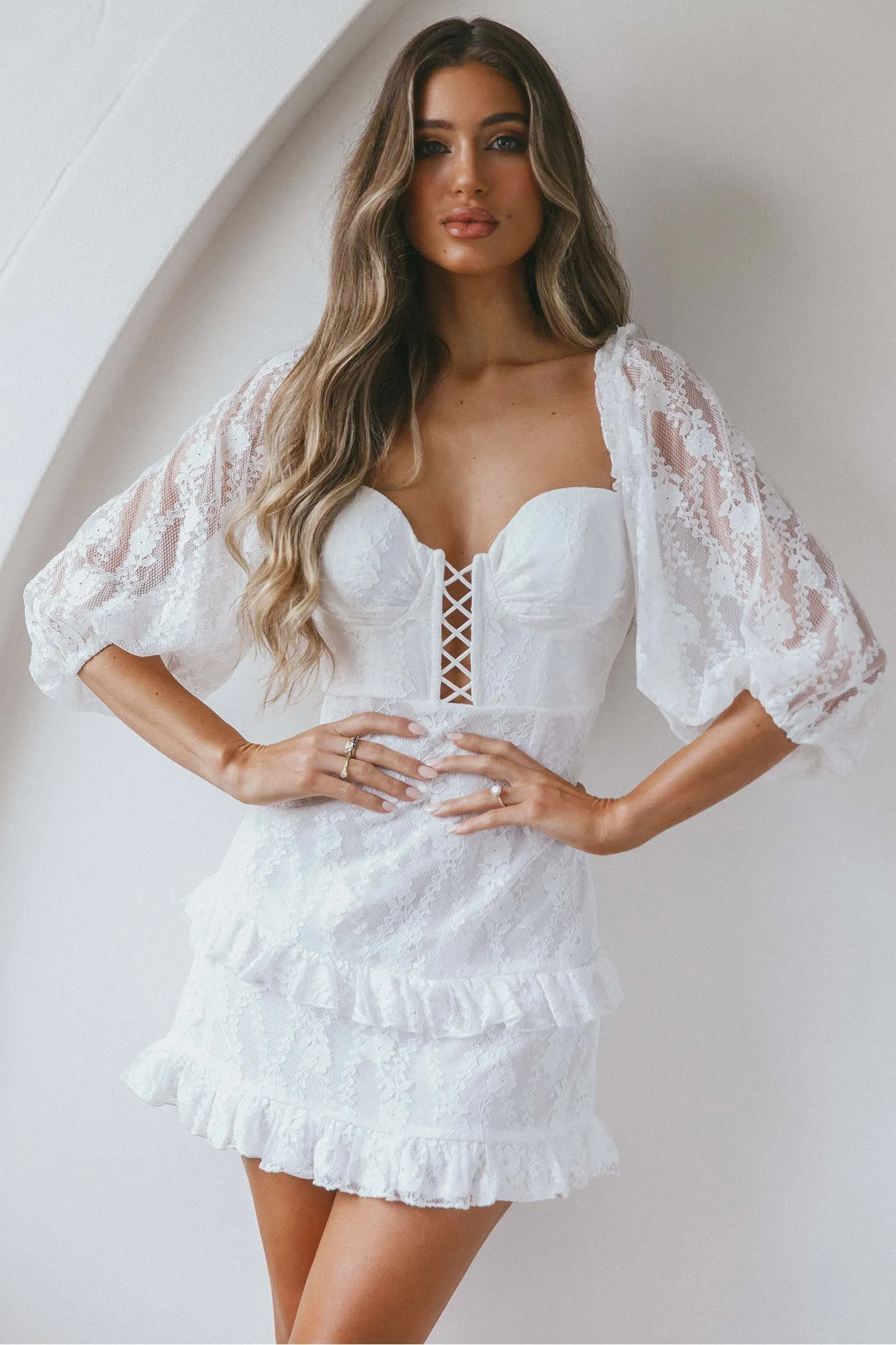 Hemingway Criss-Cross Bust Balloon Sleeve Frill Trim Lace Dress White