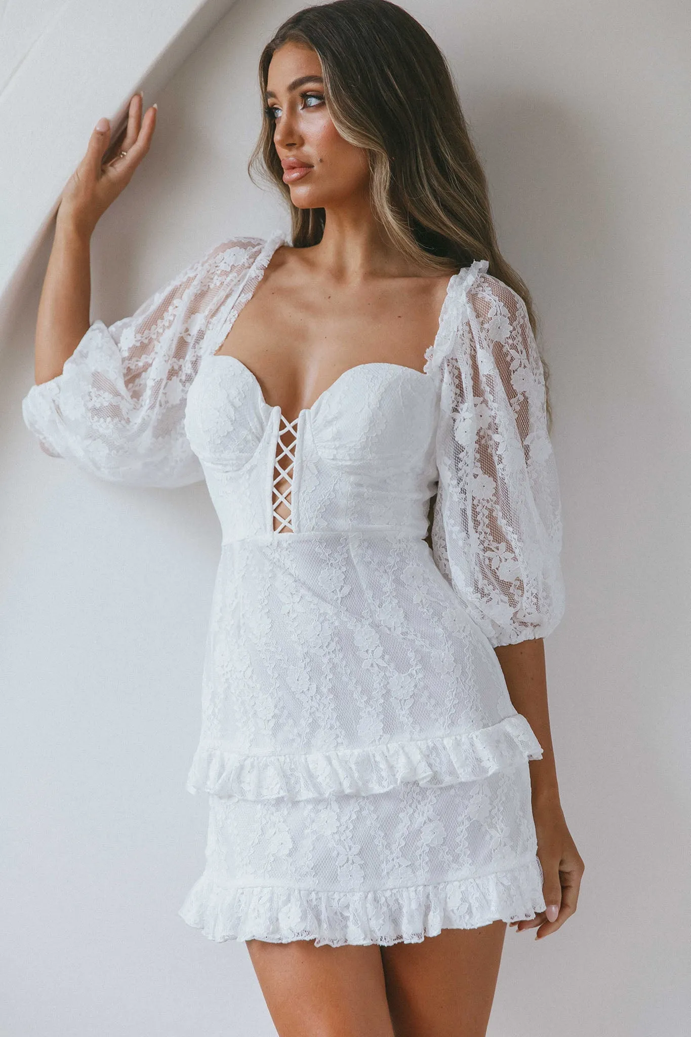 Hemingway Criss-Cross Bust Balloon Sleeve Frill Trim Lace Dress White