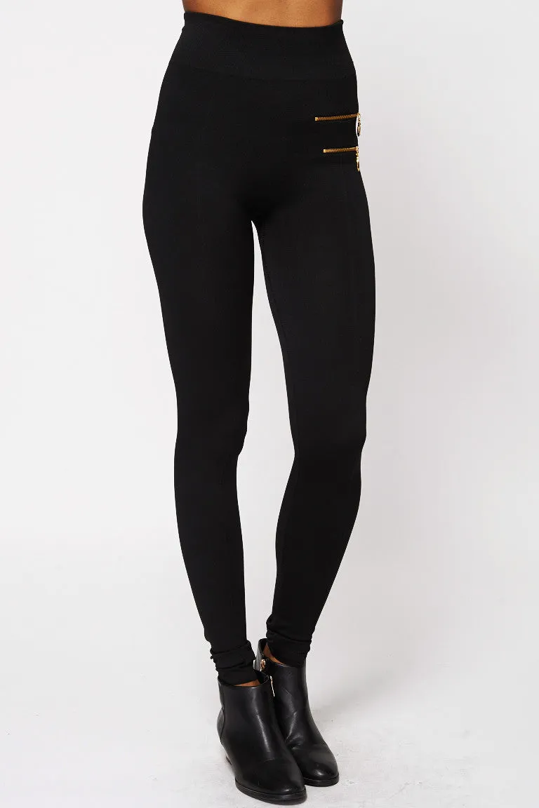 High Waisted Double Zip Detail Stretchy Leggings