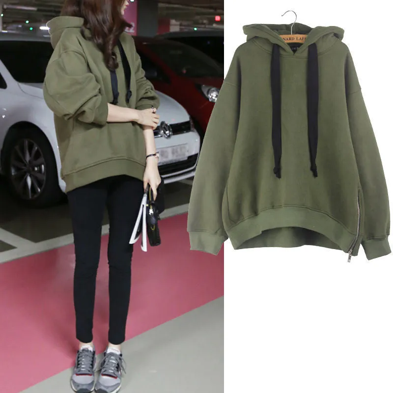 Hooded Sweatshirt Women Trendy Hong Kong Korean Office Casual Loose Solid Colored High Street Tops Outerwear