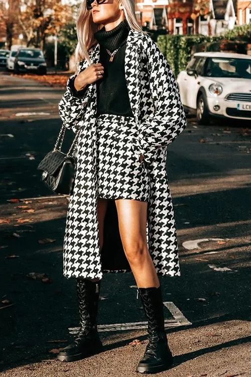 Houndstooth Lapel Woolen Coat