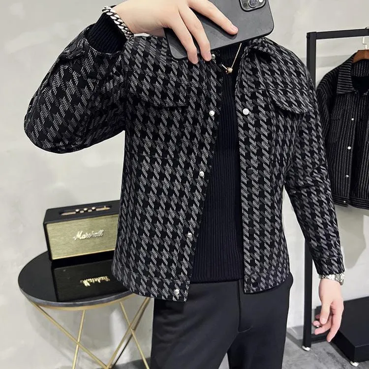 Houndstooth Luxury Jacket - Stylish & Warm Slim Fit Turn Down Collar Motorcycle Coat